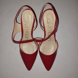 CALVIN KLEIN GEENA RED FAUX PATENT LEATHER SLINGBACK PUMPS